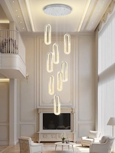 Modern Crystal Chandelier Adjustable 8 Rings Chandelier for Foyer Stairwell Crystal High Ceiling Pendant Light Dimmable 2700K (Silver / 8 Rings (New))