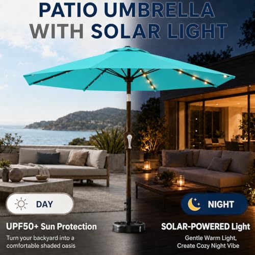 10FT Solar Patio Umbrella with Lights (Peacock Blue / 10 FT)