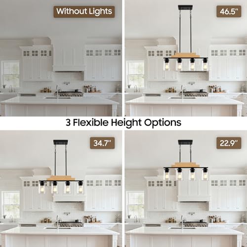 4 Light Rustic Wood Linear Chandeliers for Dining Room Hanging (Black & Beige / 4-Light)