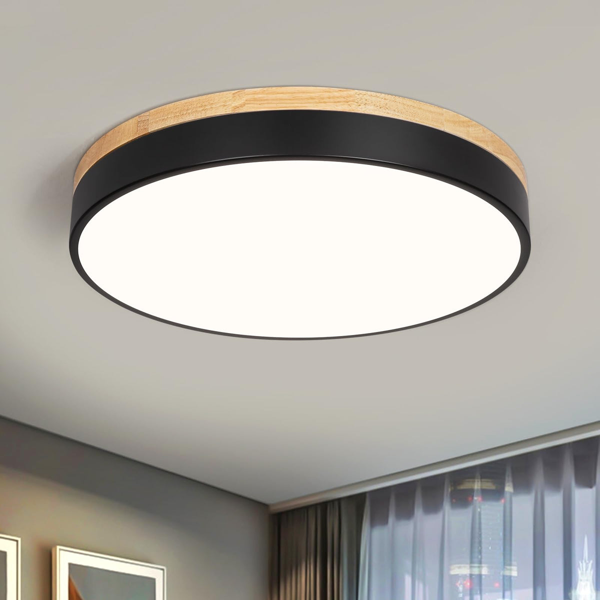 Modern LED Wood Black Round Flush Mount Ceiling Light 15.74 Inch (Black- Dimmable / 15.74 Inch)