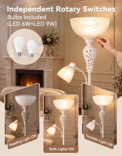 Torchiere Floor Lamp with Adjustable Reading Light for Living Room Corner (Washed White)