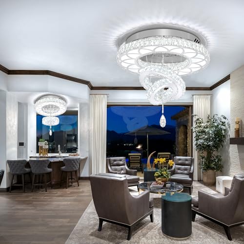 Dia 24" Crystal Chandelier Crystal Silver Ceiling Light Fixtures LED Flush Mount Ceiling Light for Living Room Bedrooms Dining Room Dimmable 2700k 4500k 6000k (Silver / W:24inches)