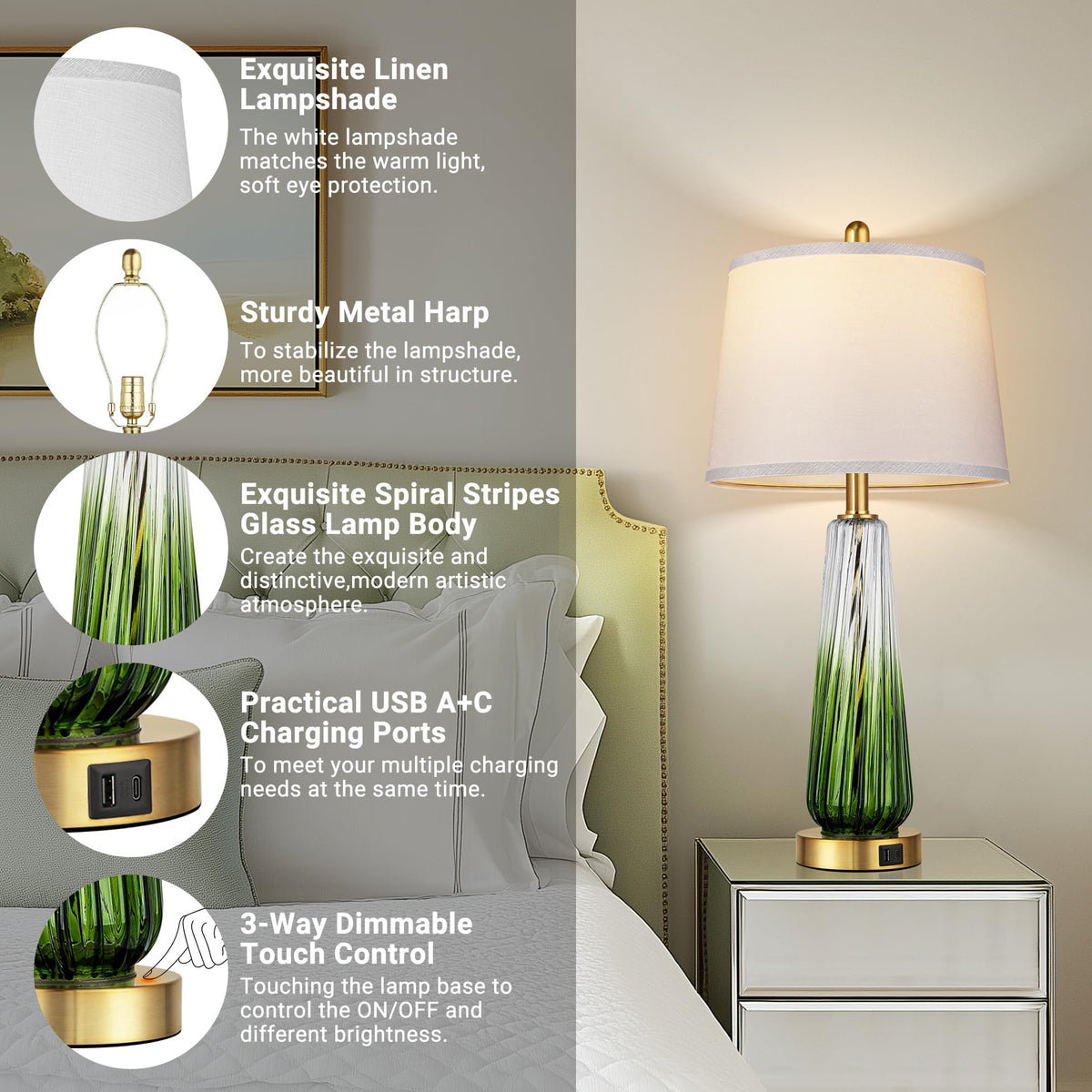 Modern Glass Table Lamps Set of 2 (Green)