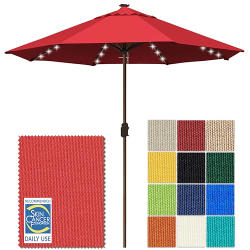 USA 10-Year-Non-Fading 10ft Market Patio Umbrella, Commercial Grade Table Sun Umbrella with 80 Solar LED Lights, Crank Open, Windproof & UPF 50+ UV Protection for Garden, Deck, Pool, Backyard, No Tilt, Logo Red (Logo Red / 10FT(Single Vent No Tilt))
