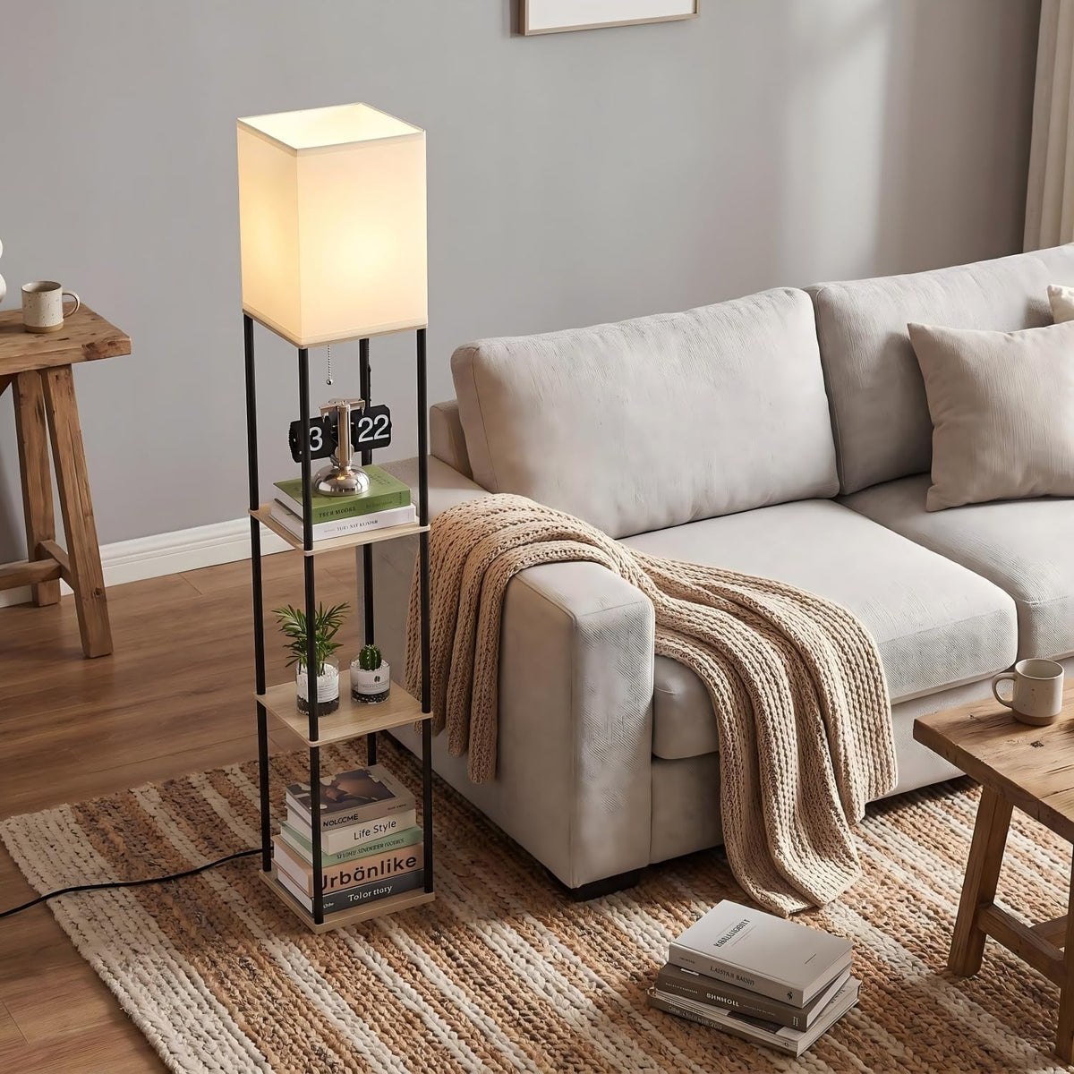 Floor Lamp with Shelves (Beige+Black-1 Pack)
