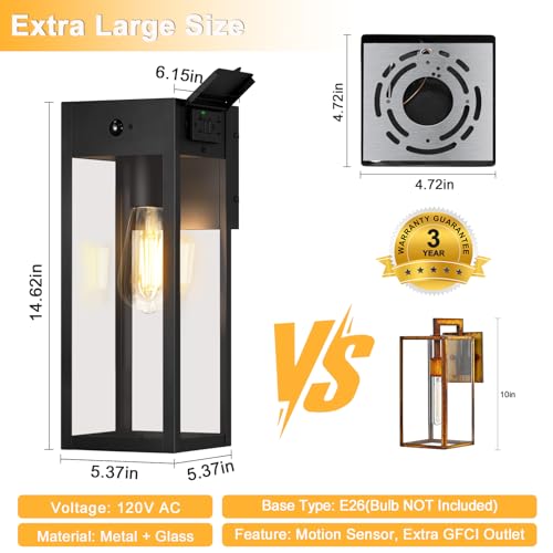 Porch Lights with GFCI Outlet (Black / 14.62" (1-Pack))