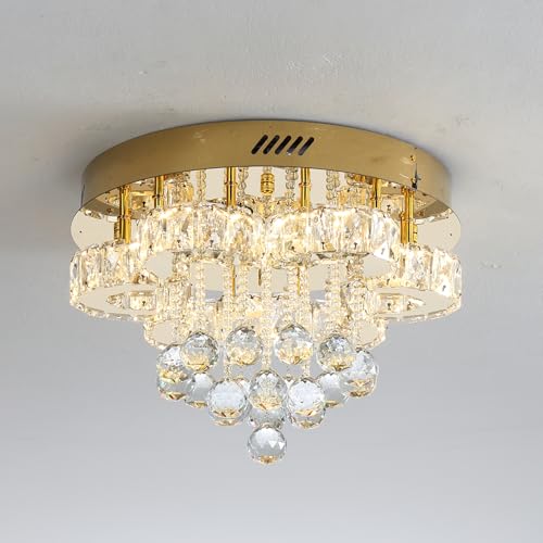 16" Gold Crystal Chandelier Semi Flush Mount Ceiling Light Crystal Close to Ceiling Light Fixtures for Bedroom Living Room Kitchen Hallway Dimmable Lighting 2700k 4500k 6000k (Gold / 16inch)
