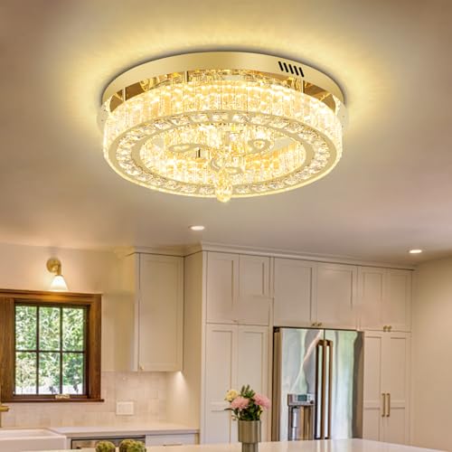 20'' Gold Modern Crystal Chandelier LED Dimmable Flush Mount Crystal Ceiling Light for Living Room Bedroom Dining Room (20in Gold)
