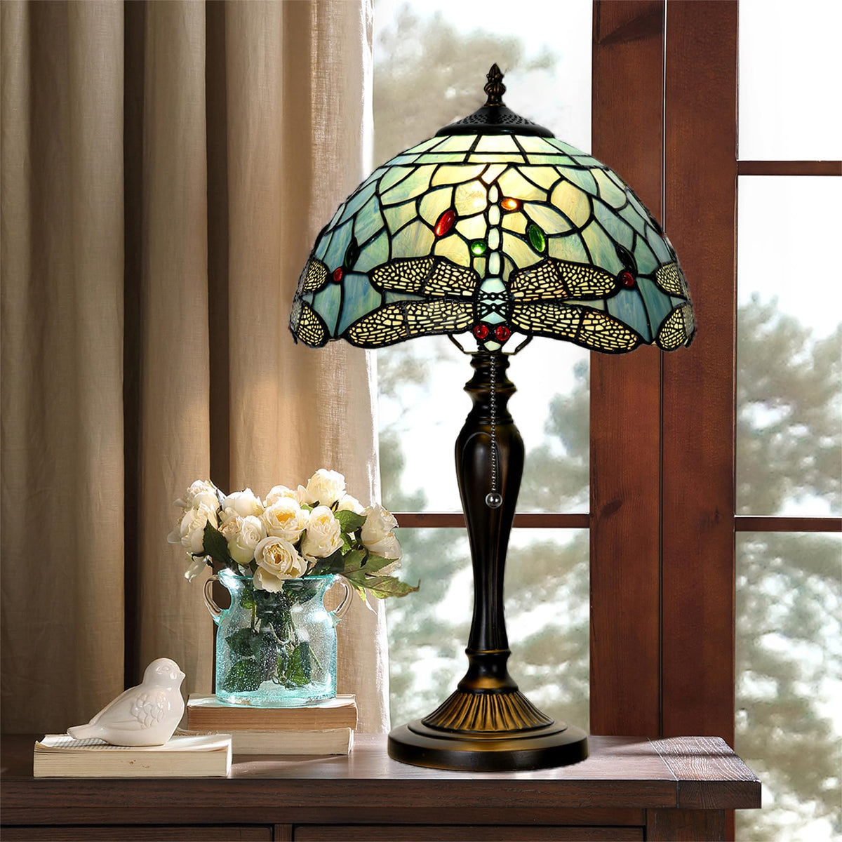TL0023 Tiffany Style Dragonfly Table Lamp Stained Glass Blue Shade Reading Desk Light 12 X 20 Inches for Bedroom Living Room Home Office (Blue Dragonfly)