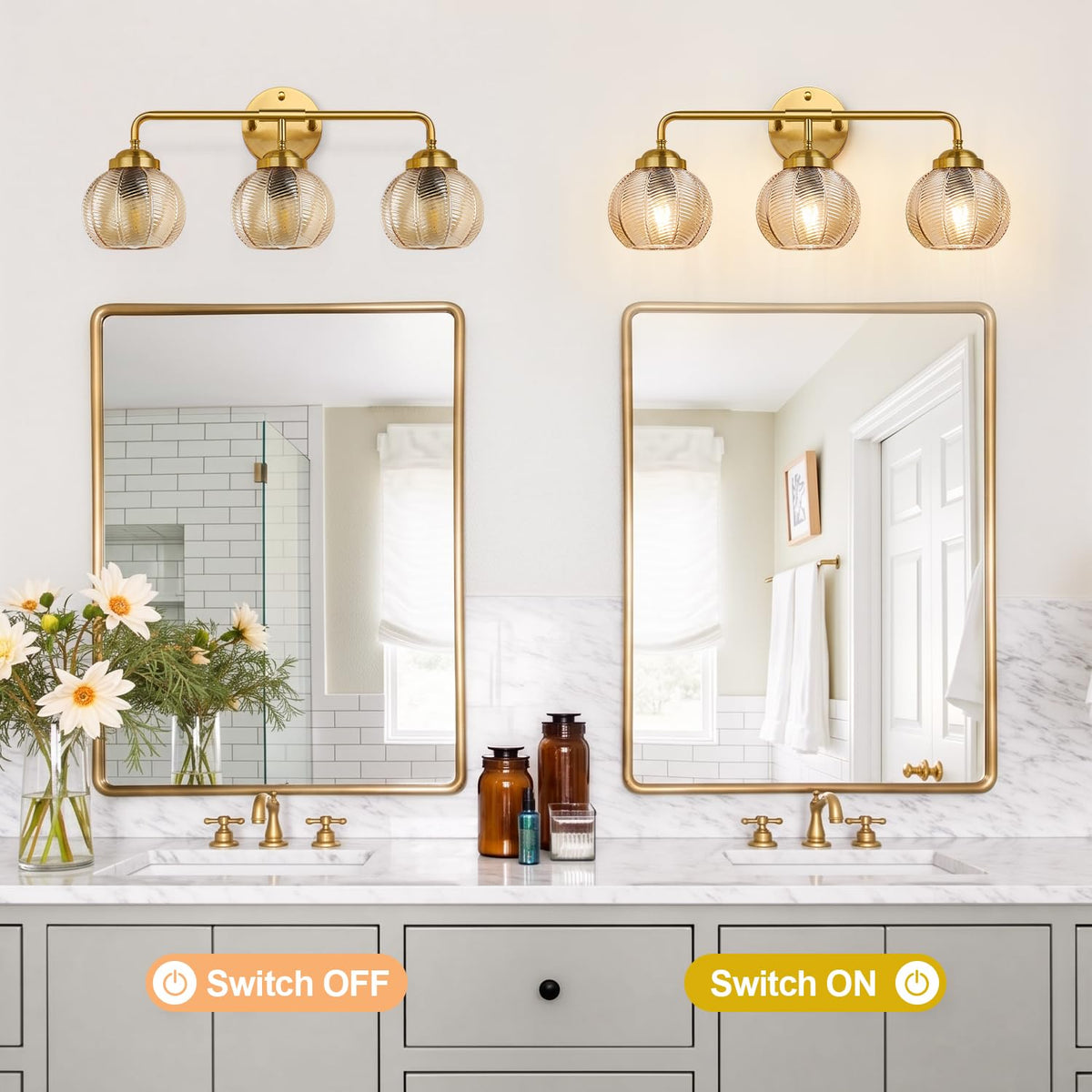 Bathroom Light Fixtures (Amber Glass-Brushed Gold / 3-Light)