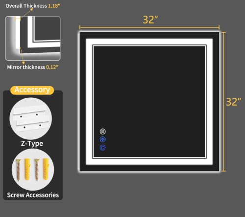 32"x32" LED Bathroom Mirror with Lights (32"L x 32"W)