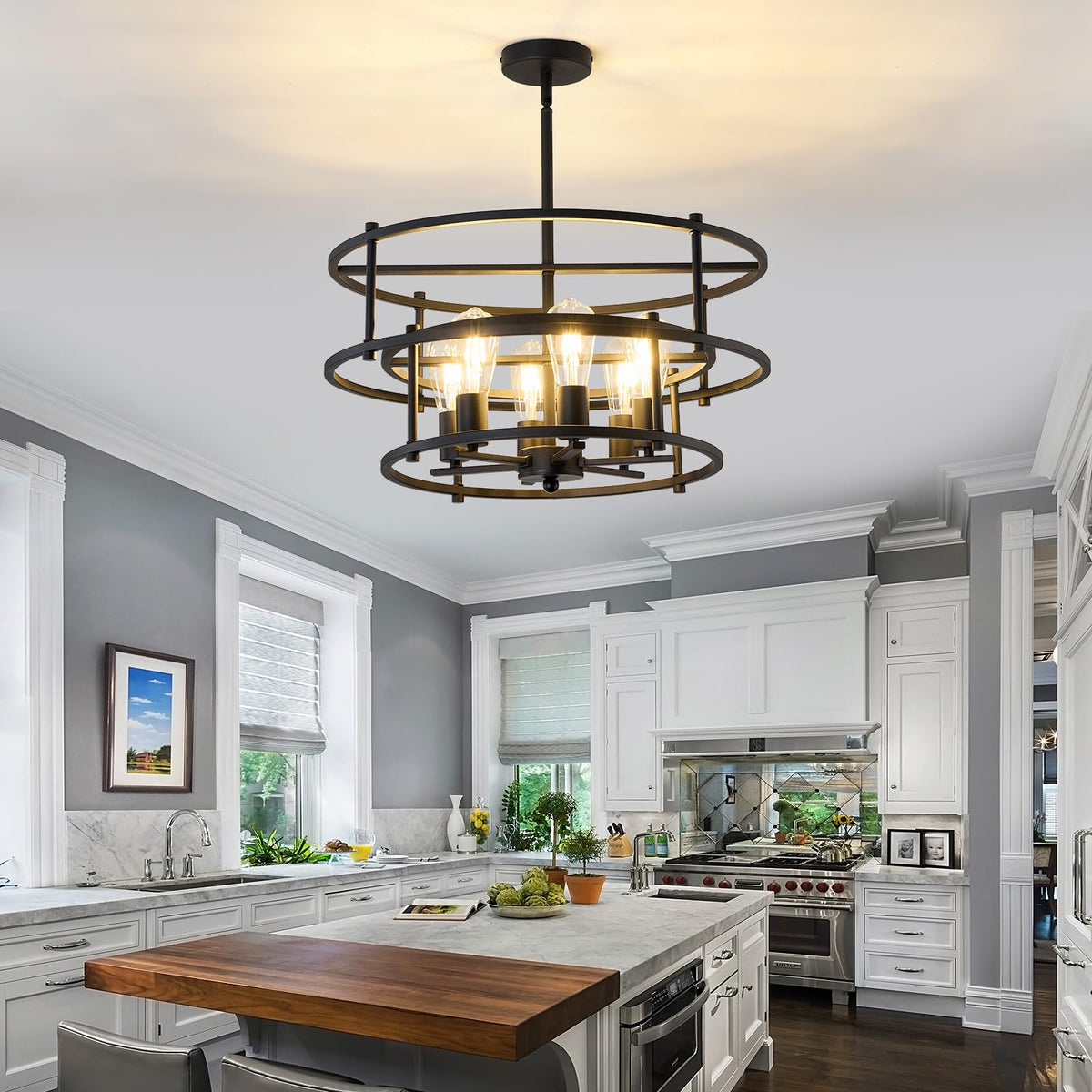 Industrial Black Chandelier 6 Light Candle Semi Flush Mount Ceiling Light (Black / chandelier)