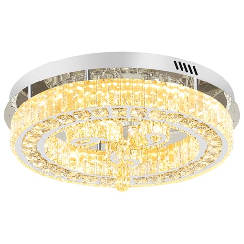 20'' Silver Modern Crystal Chandelier LED Dimmable Flush Mount Crystal Ceiling Light for Living Room Bedroom Dining Room (20in Silver)