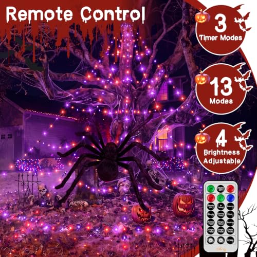 Halloween Sipder Web Lights 266 LED 9.8 FT Tall with Red Eyes Giant Spider (Orange&Purple / 9.8FT)