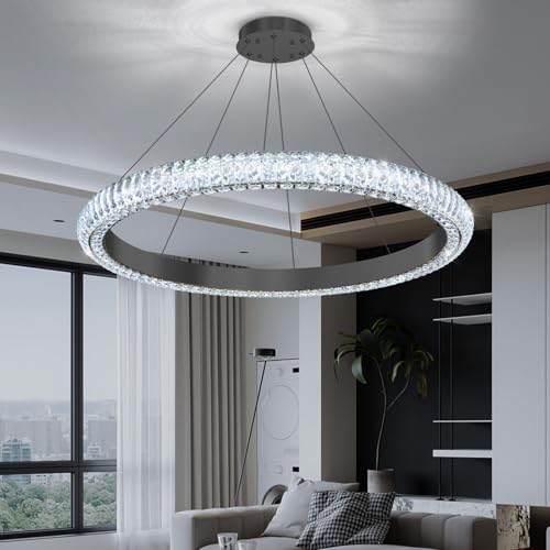 32" 1 Ring Crystal Chandelier Modern LED Dimmable Ring Pendant Light Chandelier for Dining Room Living Room Black (Black / 1 Ring Round 32")
