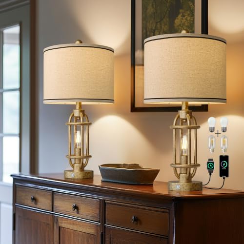 23.75'' Table Lamps Set of 2 for Living Room Bedroom Industrial Farmhouse Metal Touch Lamps with USB A+C Ports (23.75'' Champagne Gold - Set of 2)
