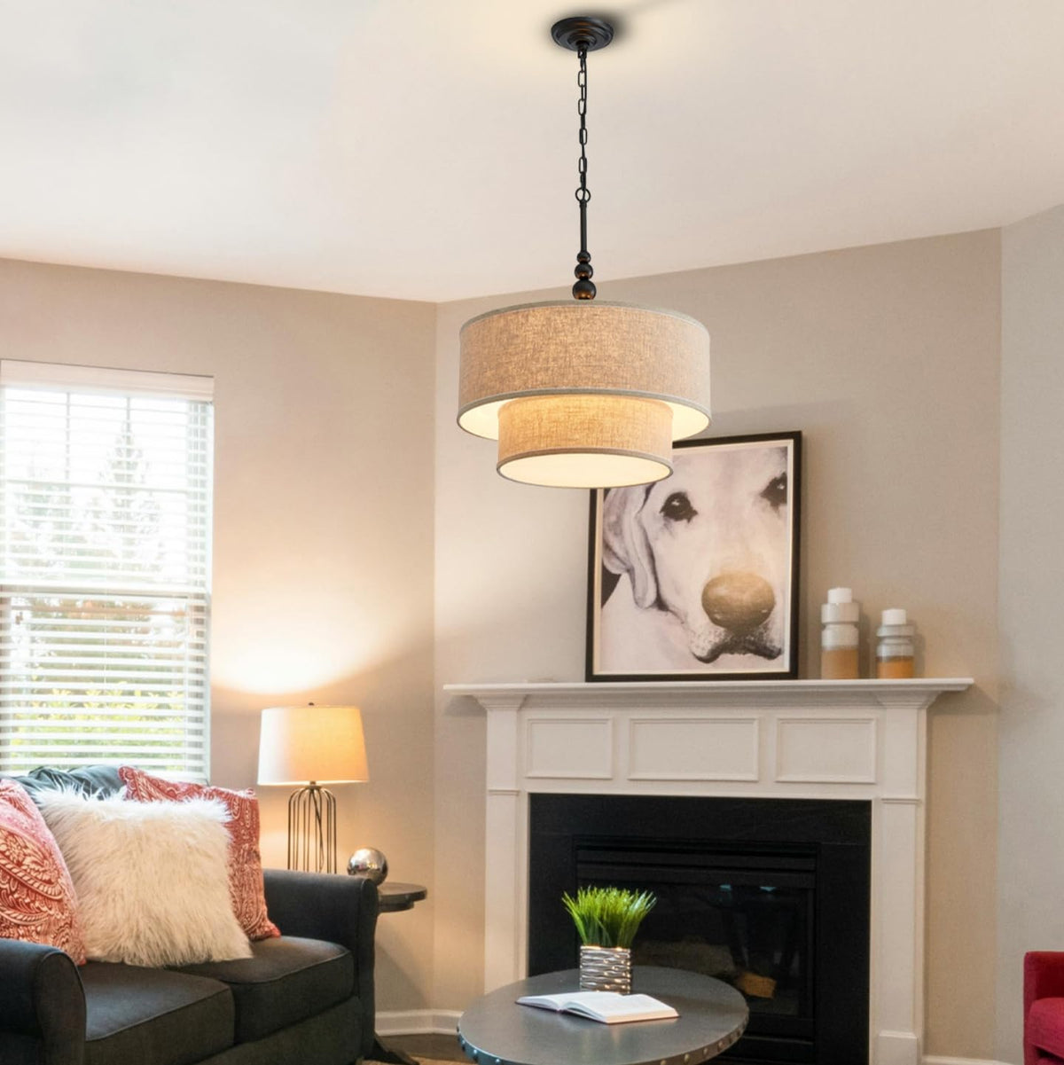 Lighting Double Drum Chandeliers (Beige&Double D20'')