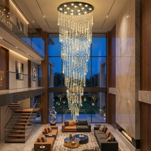 D40'' x H120'' Crystal Chandelier High Ceiling Chandeliers for Entryway Large Raindrop Chandeliers LED Dimmable Flush Mount Light Fixtures for Staircaes Foyer Hallway Living Room Bulbs Included Black (D40" x H120" Black)