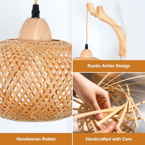 Frideko Handwoven Bamboo Wall Sconce Plug in (Orange(15 Colors))