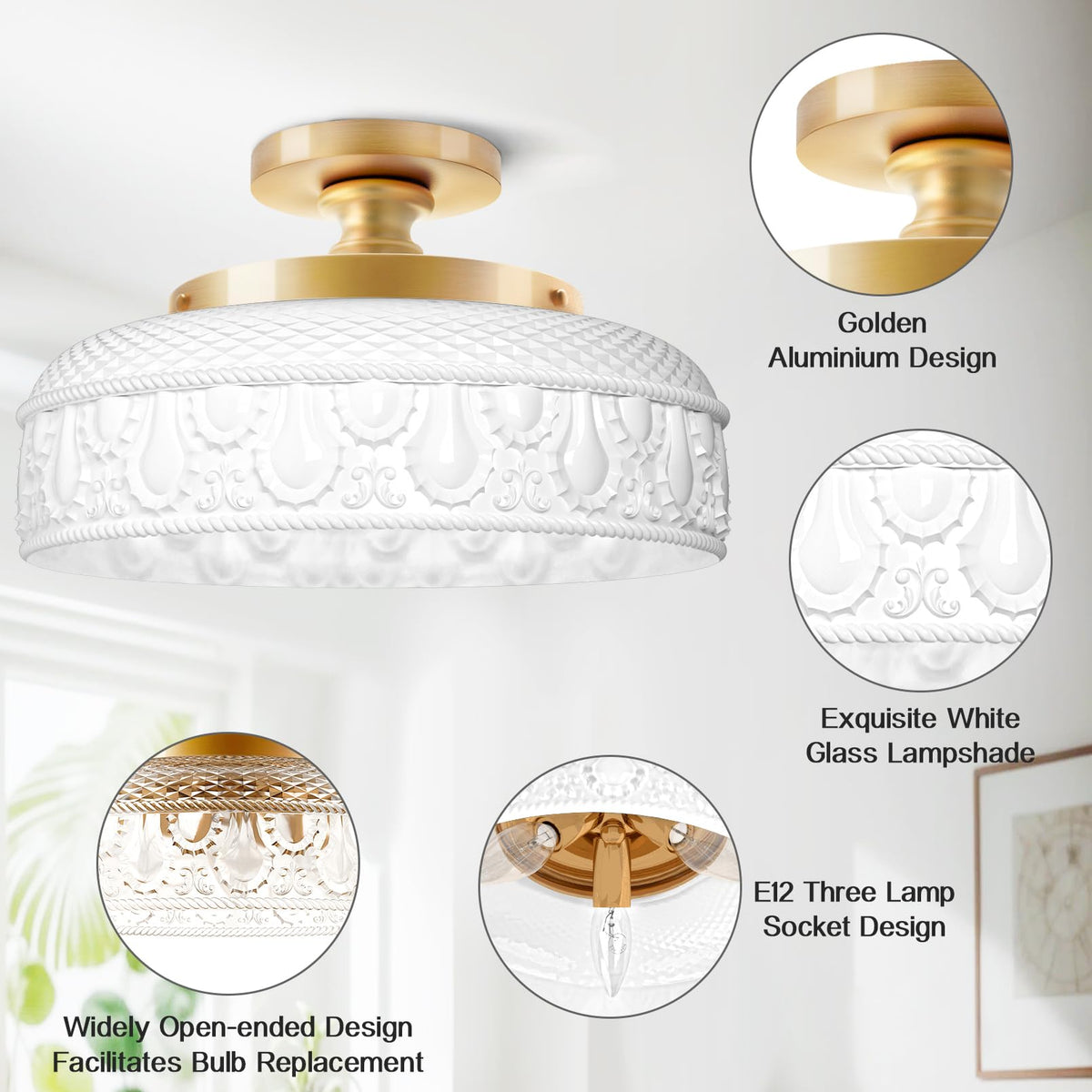 Semi Flush Mount Ceiling Light (White and Gold / 12.2'')