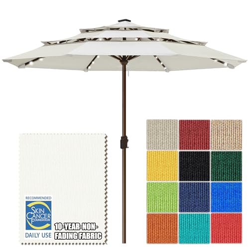 USA 10-Year-Non-Fading 10ft 3-Tier Market Patio Umbrella, Commercial Table Umbrella with 80 Solar LED Lights, Crank Open, Windproof & UPF 50+ UV Protection for Garden, Deck, Pool, Backyard, No Tilt, White (White / 10FT(Triple Vents No Tilt))