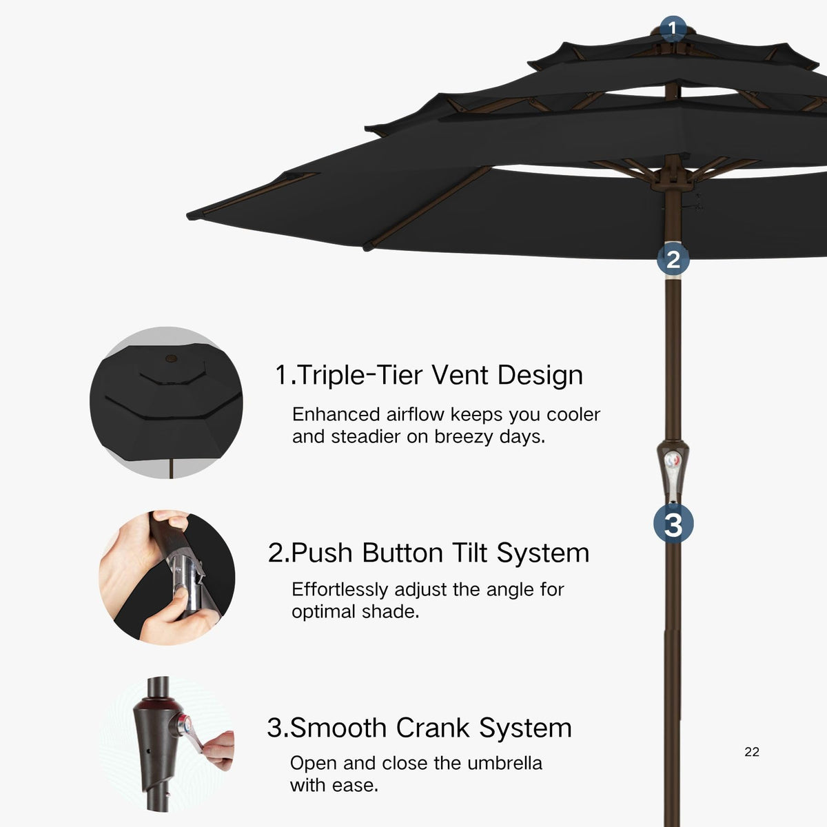 9ft 3 Tier Patio Umbrella (Black / 9 FT)