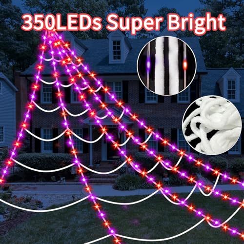 Halloween Decorations Outdoor Spider Web Lights (350LED Purple + Orange)