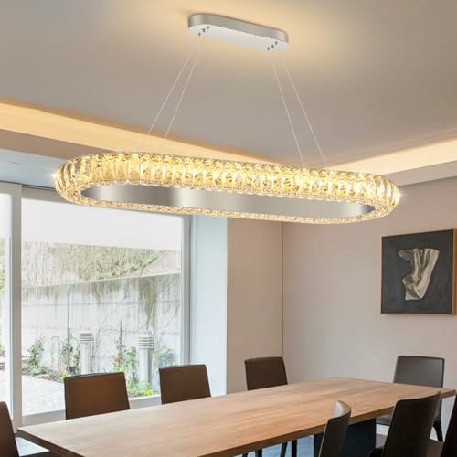 32'' Oval Ring Crystal Chandelier Modern LED Dimmable Ring Pendant Light Chandelier for Dining Room Living Room Silver (Silver / 1 Ring Oval 32")
