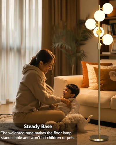 Dimmable 5 Globe Floor Lamp Mid Century Modern Floor Lamp with 5Pcs 3000K Bulbs Included Brightness Adjustable Gold Standing Lamps for Living Room (5G-C-Gold)