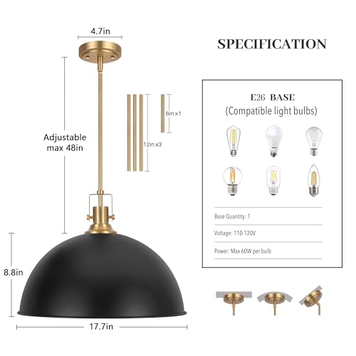 17.7 in Large Dome Pendant Light (Black and Gold / 17.7 Inch)