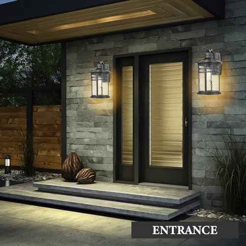 2 Pack Large Outdoor Porch Lights Wall Mount (Black-Seeded Glass / 15"-2Pack)