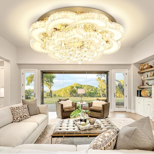 Dia 40'' Modern Crystal Chandelier Flush Mount Crystal Ceiling Light Fixture Dimmable LED Large Ceiling Chandelier for Living Room Dinning Room Bedroom (Gold / Dia 40")