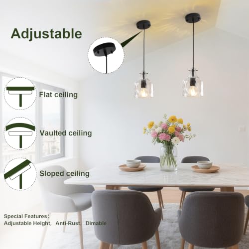 2 Pack Black Hammered Clear Glass Pendant Light (Black-2Pack)