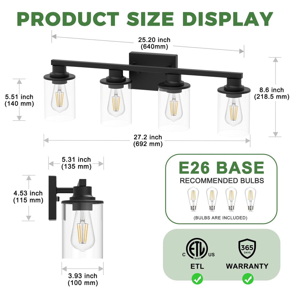 Bathroom Vanity Light Fixture with 4 Bulbs Modern Black (Black / 4-Light(27inch))