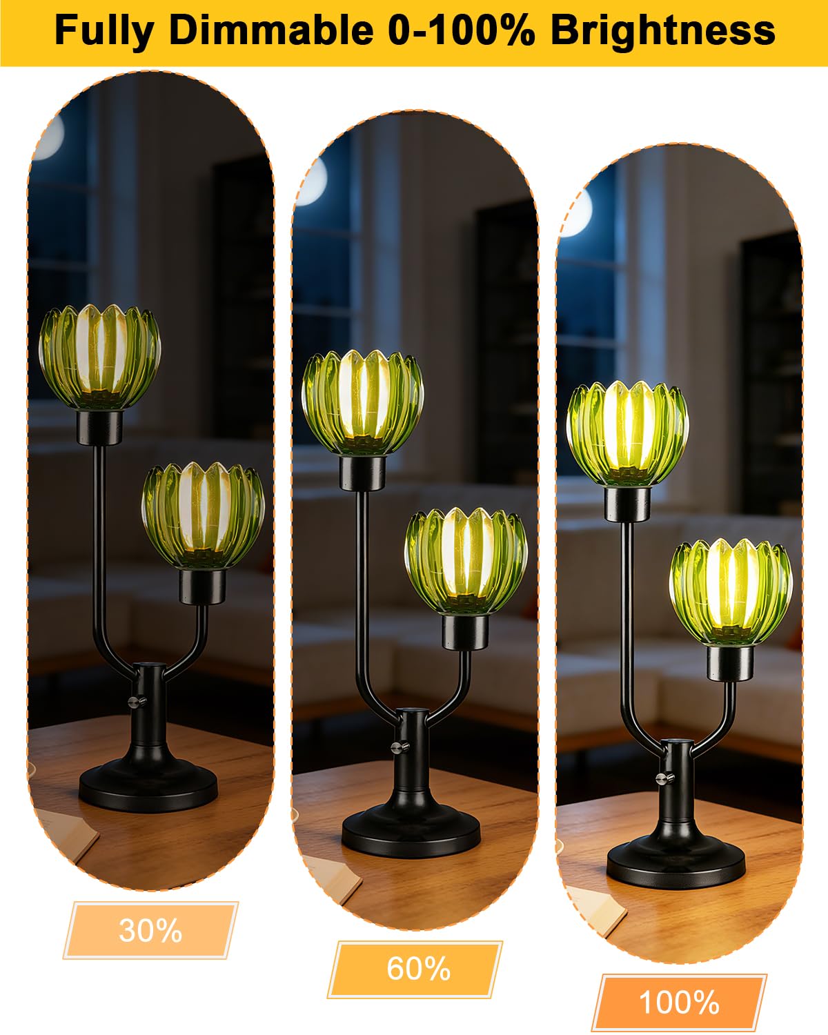 Vintage Green Glass Flower Table Lamp Dimmable Nightstand Lamp (01-Black-Green-Bud)