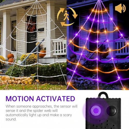 Motion Activated Lighting&Speaking] 20 * 17FT Halloween Spider Web 150 Led Purple&Orange Lights Light Up Lighted Triangular Giant Waterproof with 200sqft Cobweb for Outdoor Decor Yard Decoration