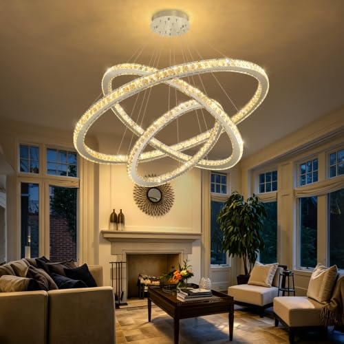 Modern Crystal Chandelier Dimmable LED Ceiling Light Fixture Luxury 3 Ring Stainless Steel Pendant Light for Living Room Dining Room Foyer Silver (Silver / 3-Ring 40")