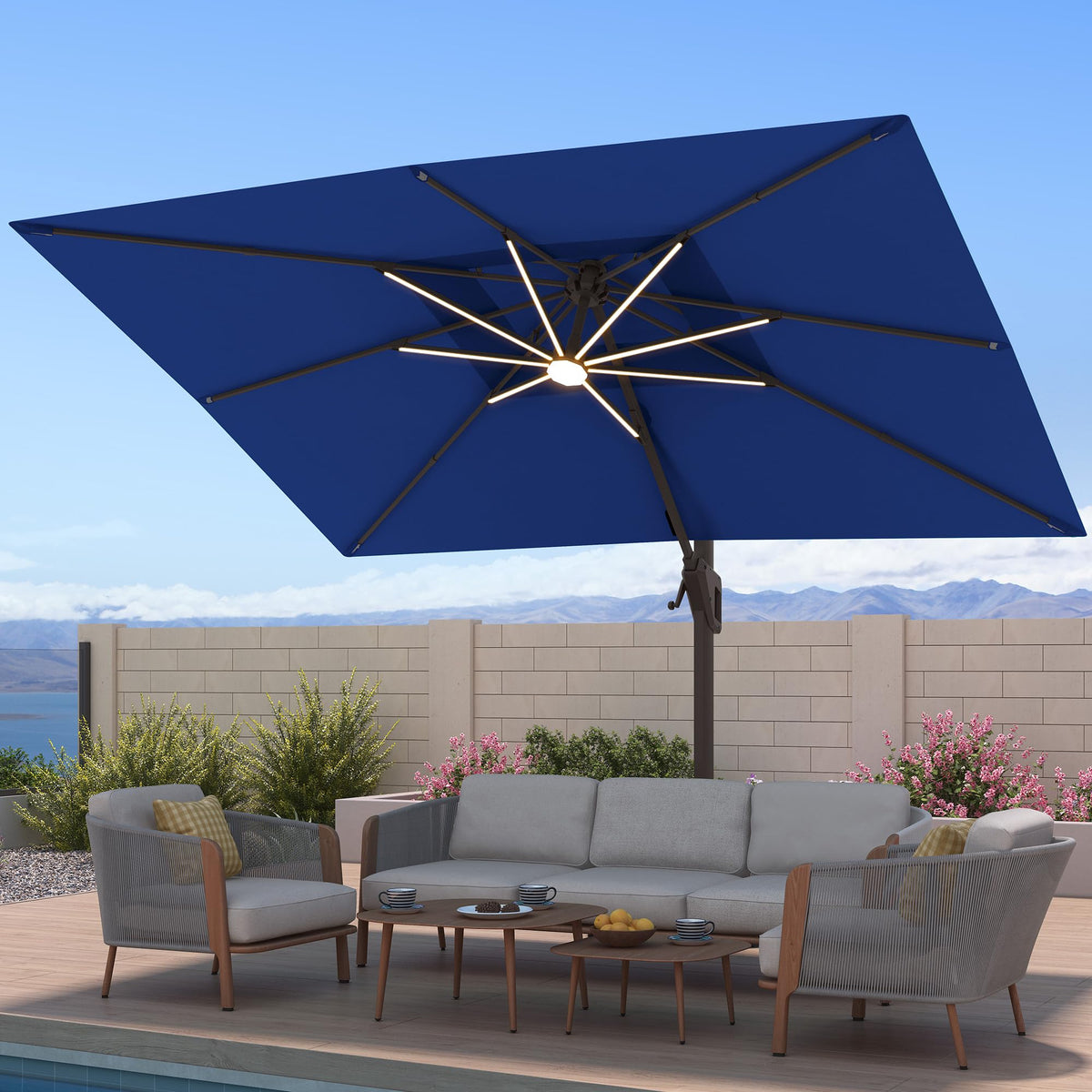 10x13 FT Patio Cantilever Outdoor Umbrella with Base and LED Light (Navy)
