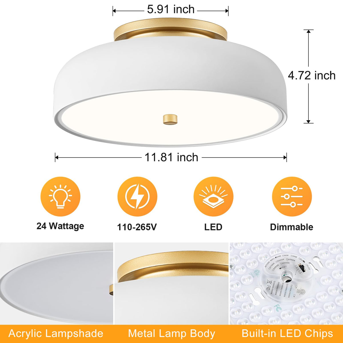 Dimmable LED Ceiling Light Fixture (White / 11.81IN)