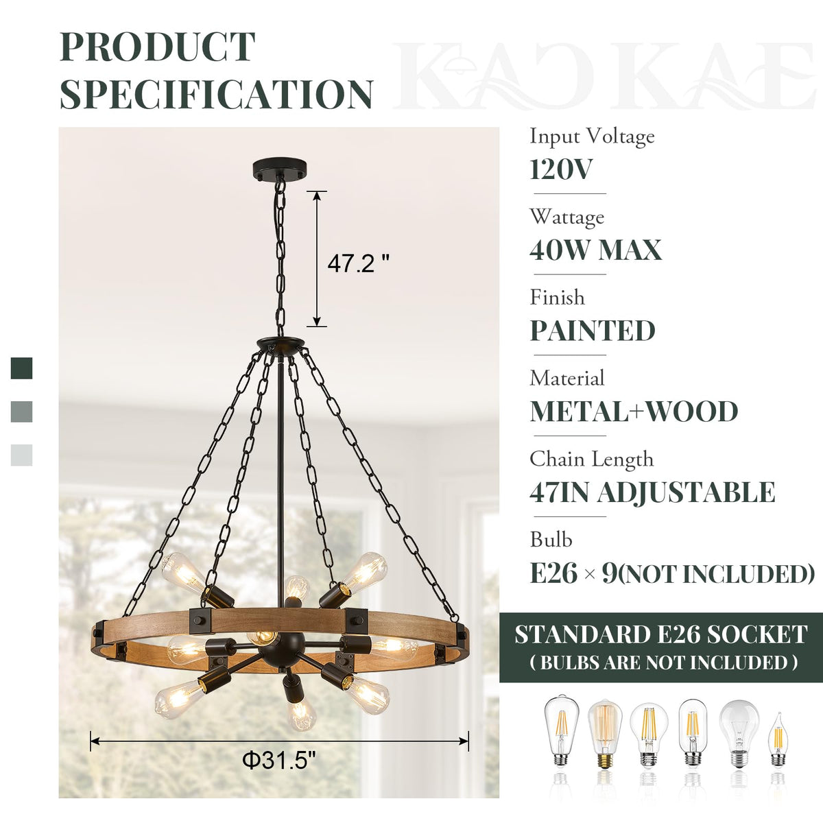 Farmhouse Wagon Wheel Chandelier 31" Wooden Chandelier Light Fixture (Oak / 31.5 inch 9-Light)