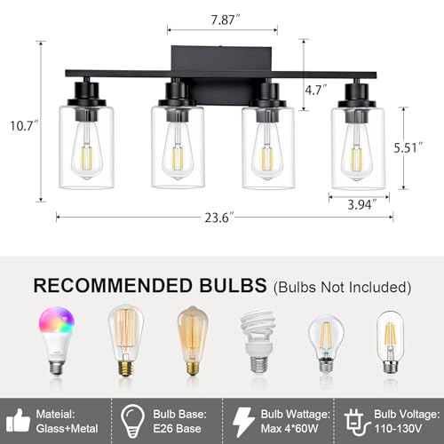 4 Light Black Bathroom Vanity Light Fixture Over Mirror Modern Farmhouse Wall Lighting Sconces Industrial Wall Lamp for Bathroom Bedroom Living Room E26 Socket with Glass Shade (Black / 4 Light)