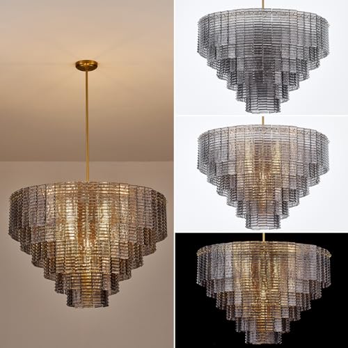 Dia 32.5 Inches Large Modern Smoke Gray Glass Chandelier Brass Finish (Smoke Gray Glass)