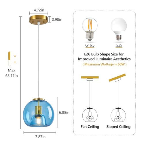 Sky Blue Glass Pendant Lights Kitchen Island (Sky Blue(7.87 in) / 2-Pack)