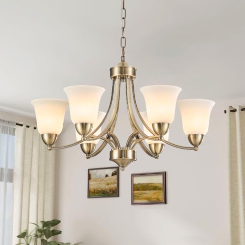 6 Lights Brushed Bronze Dining Room Light Fixture Farmhouse Modern Chandelier Pendant Light Champagne Bronze Adjustable Ceiling Hanging Lighting with Frosted Glass for Kitchen Island Living Room Foyer (Brushed Bronze Chandelier-A)