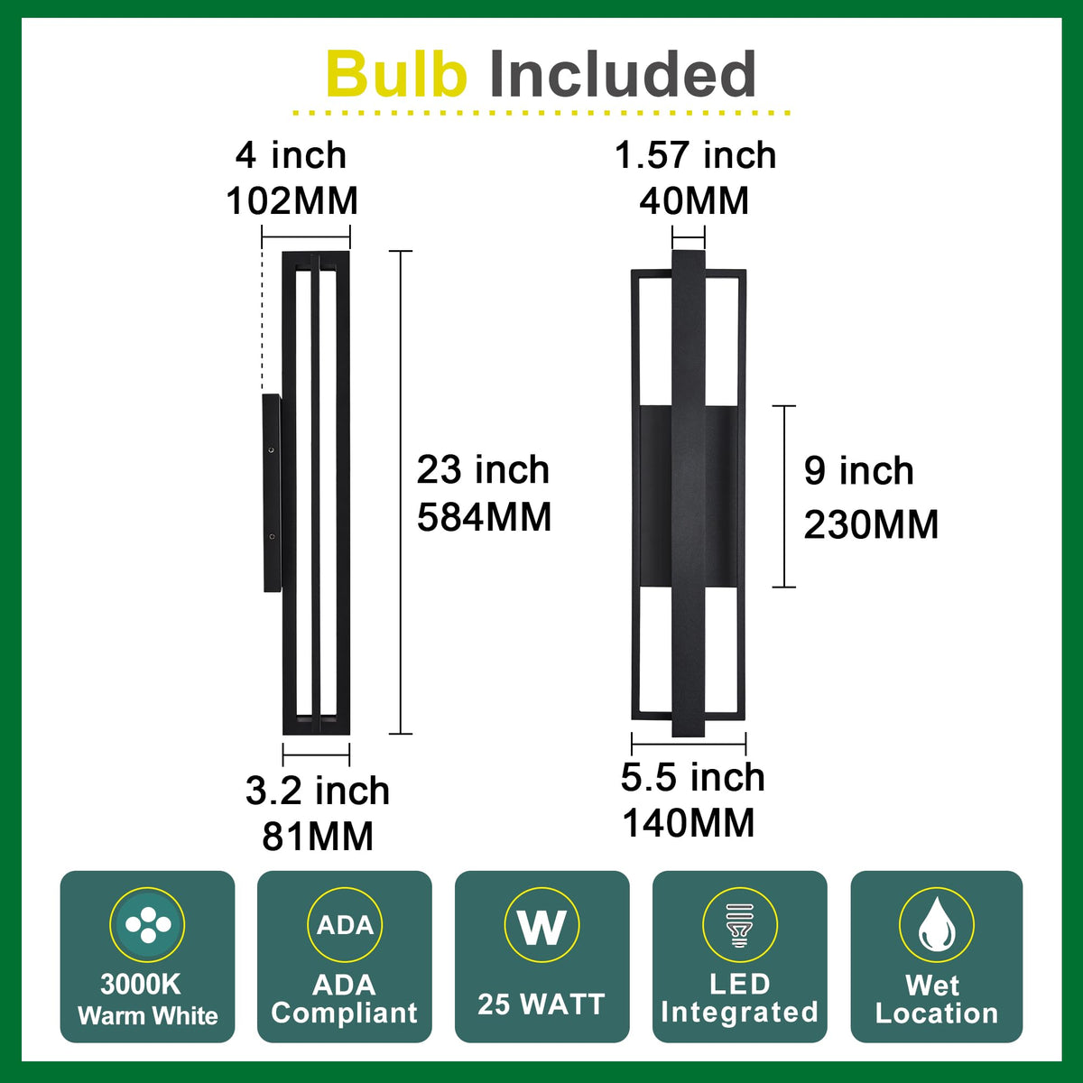 23 inch Modern Large Outdoor Waterproof LED Wall Light (1Pack Large 23"H 25W Black)