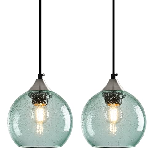 Light Green Seeded Glass Pendant Lights Kitchen Island 2 Pack (Light Green / S - 5.9 in)
