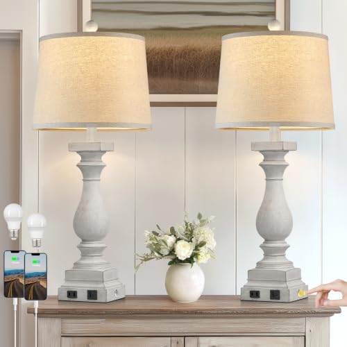 28" Tall Farmhouse Table Lamps Set of 2 with USB C+A Ports and AC Outlet (White-2 Pack)