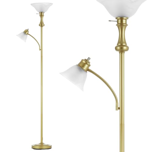 Torchiere Glod Floor Lamp with Adjustable Angle Reading Lamp (Gold)