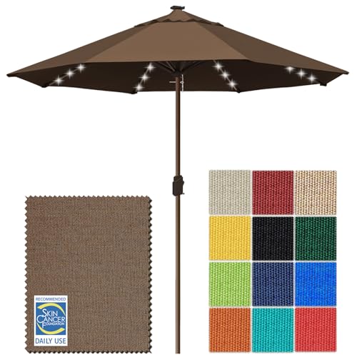 USA 10-Year-Non-Fading 10ft Market Patio Umbrella, Commercial Grade Table Sun Umbrella with 80 Solar LED Lights, Crank Open, Windproof & UPF 50+ UV Protection for Garden, Deck, Pool, Backyard, No Tilt, Chestnut (Chestnut / 10FT(Single Vent No Tilt))
