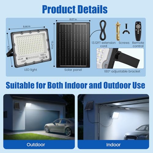 2 Pack 100W Solar Flood Light Outdoor 21000LM 6500K LED Street Light with Remote (2-Pack(100))